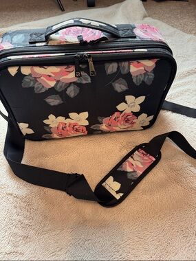 Floral Black Cosmetic Case with Pink Rose Print